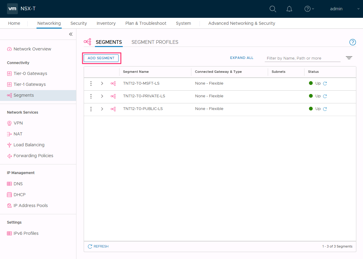 لقطة شاشة توضح كيفية إضافة مقطع جديد في NSX Manager.