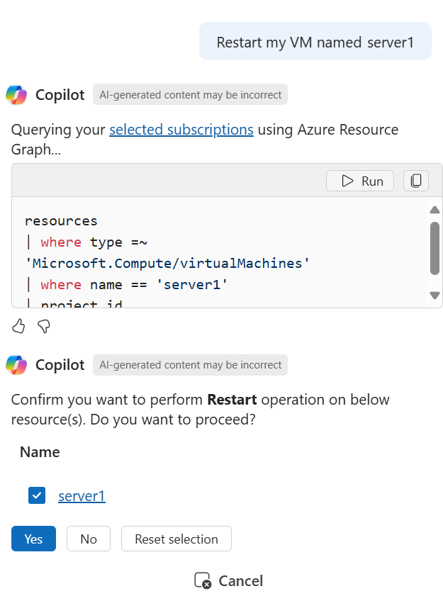 Screenshot of Copilot in Azure responding to a request to restart a VM.