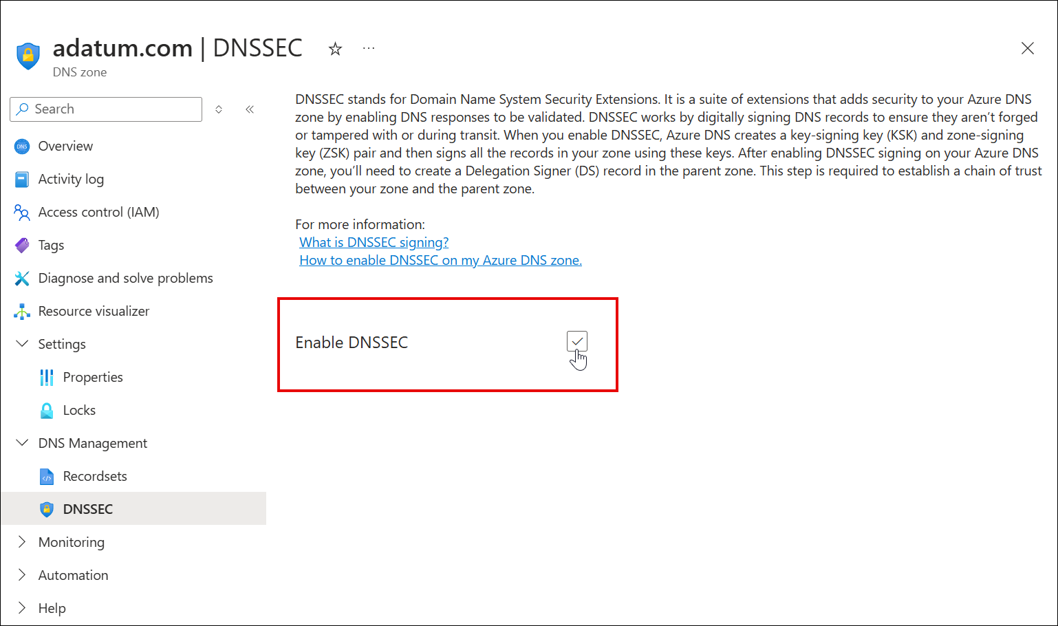 لقطة شاشة لتحديد خانة الاختيار DNSSEC.