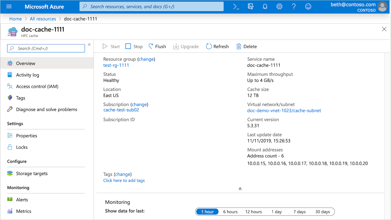 لقطة شاشة لمثيل Azure HPC Cache في مدخل Microsoft Azure