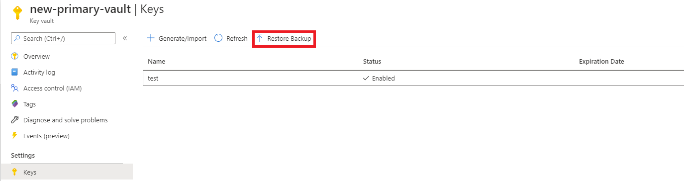 توضح لقطة الشاشة أين يمكنك تحديد استعادة النسخة الاحتياطية في key vault.