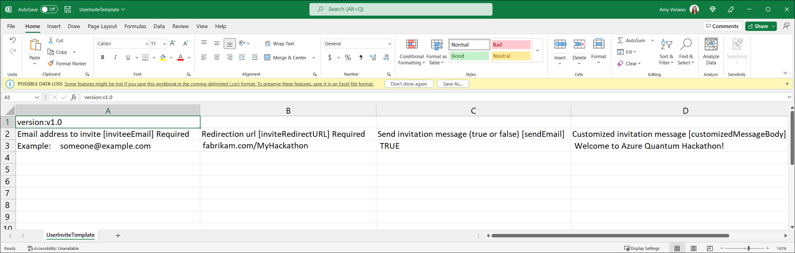 Screen shot showing the template CSV and how to list the users' email addresses and a custom invitation message.