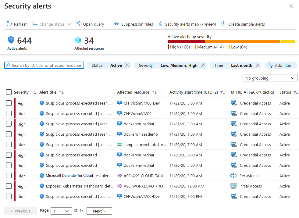 قائمة التنبيهات الأمنية في Microsoft Defender for Cloud