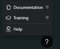 Screenshot showing the help icon menu options including documentation, training and support.