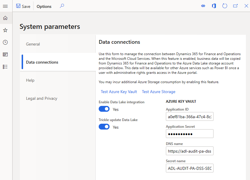 مثال لتكوين Azure Data Lake Storage.