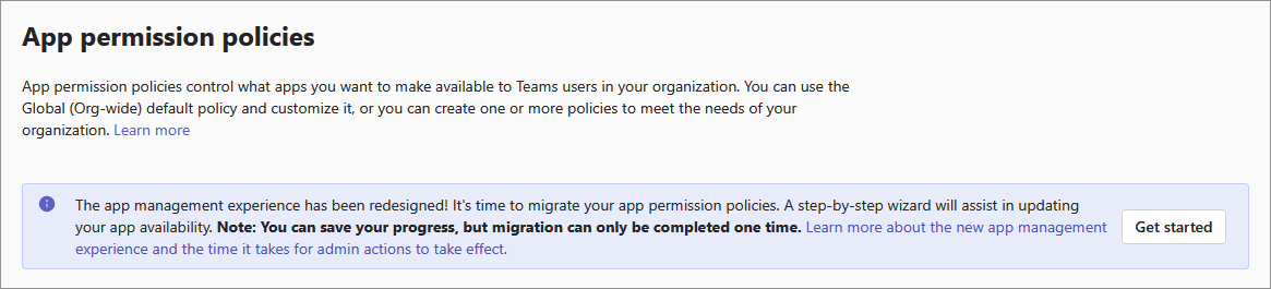 Screenshot showing the policy page with prompt to migrate to app centric management.