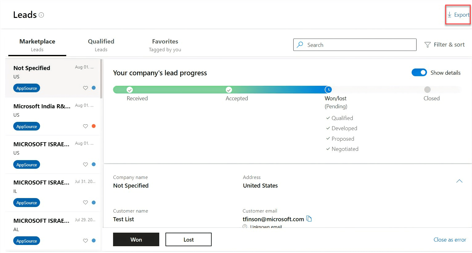 Screenshot that shows the Leads page in Partner Center with the Export button highlighted.