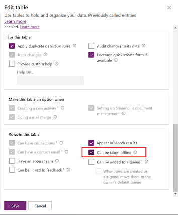 Screenshot of the table editing options, with **Can be taken offline** highlighted.