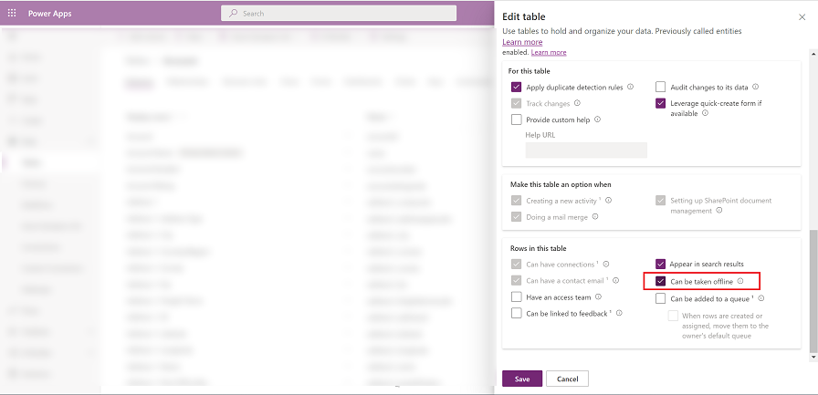 Enable a table for offline use.