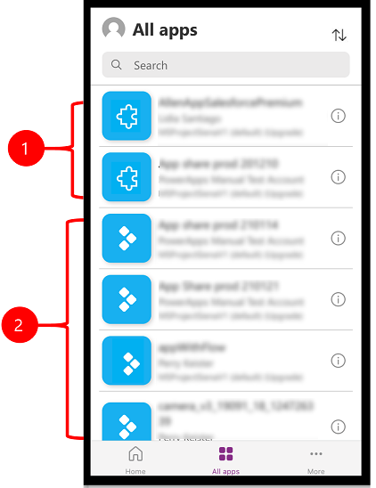 واجهة مستخدم Power Apps Mobile مع تطبيقات تعمل بالنموذج واللوحة.