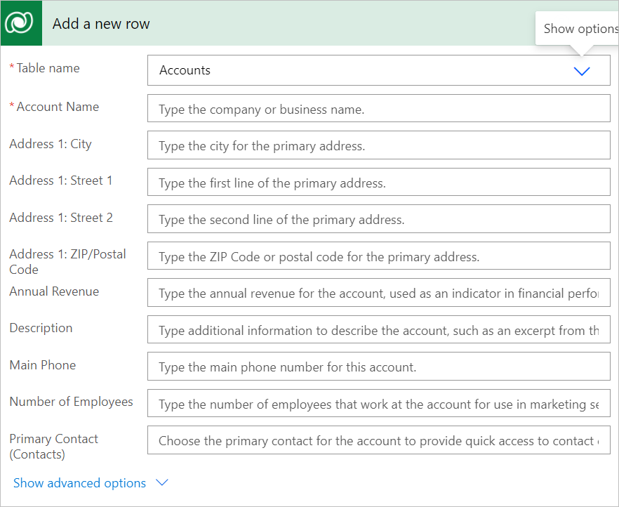 Card that shows all columns for the add a new row action except advanced options.