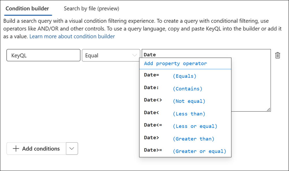 KeyQL editor suggests operators.