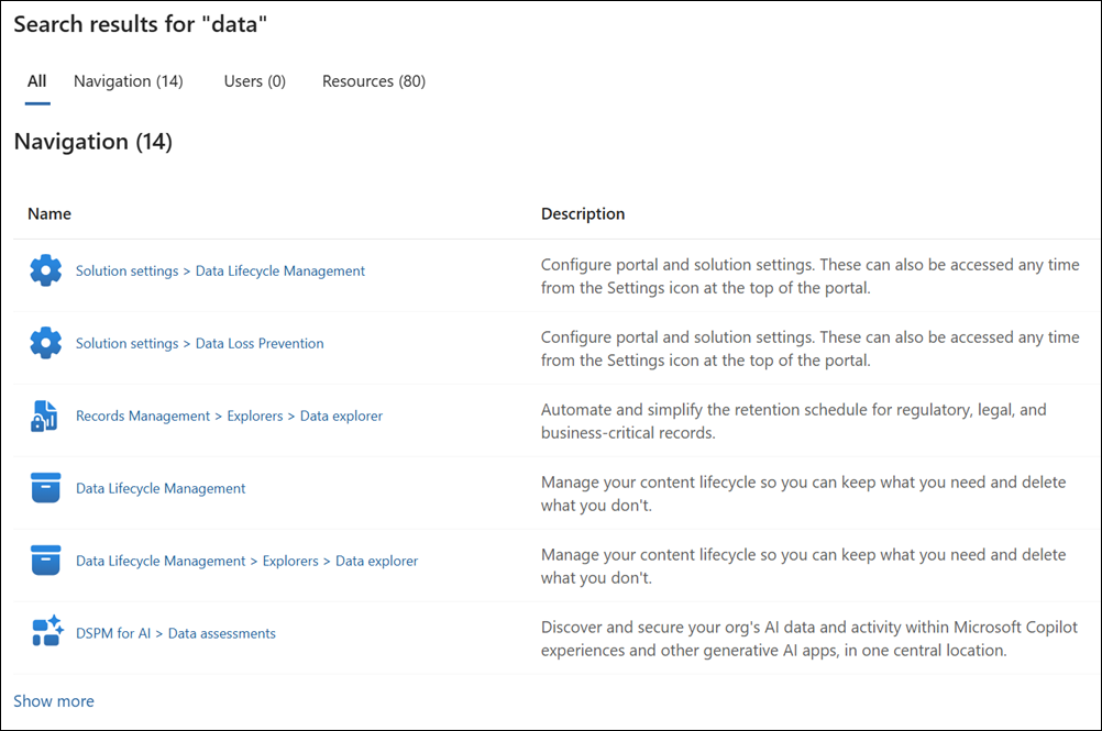 Microsoft Purview portal search results.