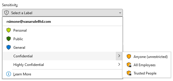 Example of sublabels from a sensitivity label.