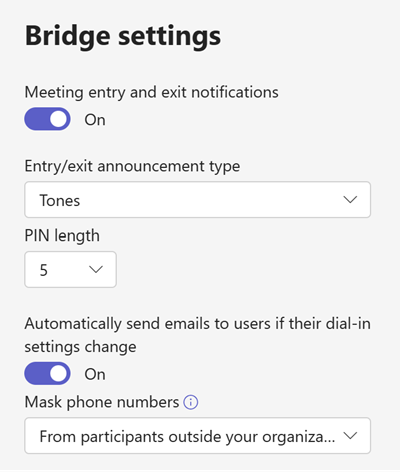 Screenshot of Teams conference bridges policies in the Teams admin center.