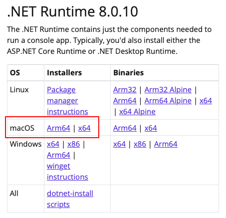 A screenshot showing just the .NET Runtime download table from the .NET download website. The macOS row is highlighted with a red box.