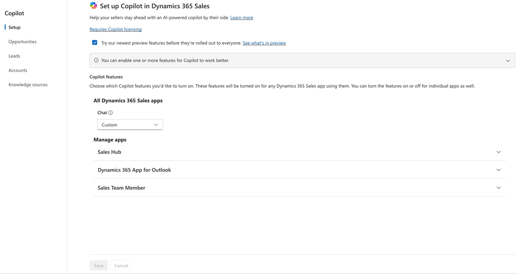 Екранна снимка на страницата Настройване на Copilot в Dynamics 365 Sales в Dynamics 365 Sales Hub.