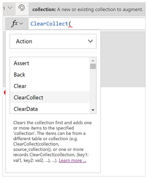 Избор на функция ClearCollect().