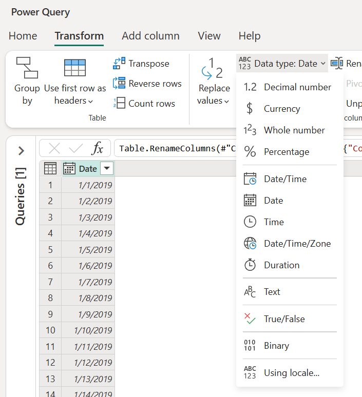 Screenshot of the data type menu on the Transform tab.