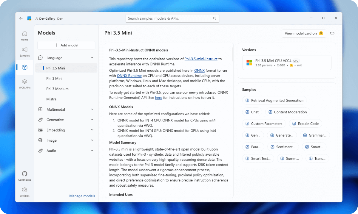 A screenshot of the AI Dev Gallery app displaying a model summary for Phi 3.5 Mini