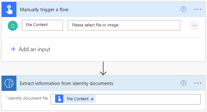 Captura de pantalla d'un pas d'extracció d'informació activat manualment en un flux, amb un document d'identitat seleccionat.