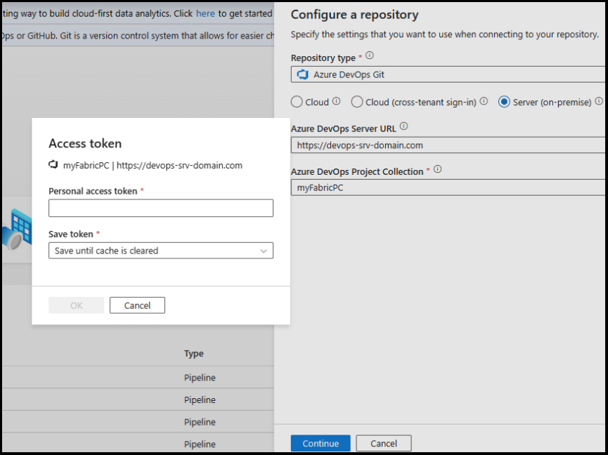 Captura de pantalla que muestra la configuración de ADO de un token de acceso.