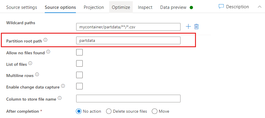 Captura de pantalla de la configuración del archivo de origen de la partición.