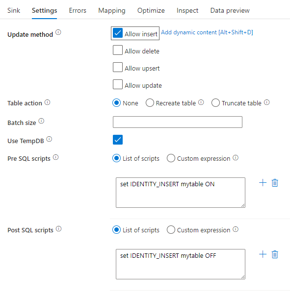 Captura de pantalla en la que se muestra la configuración de Sink con scripts de procesamiento previos y posteriores a SQL.