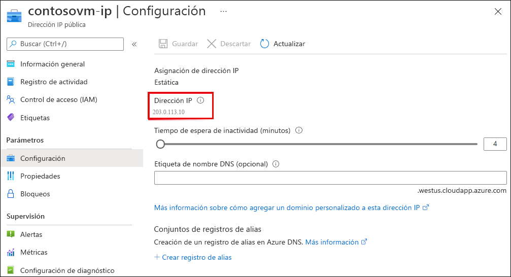 Captura de pantalla de la página de configuración de IP pública.