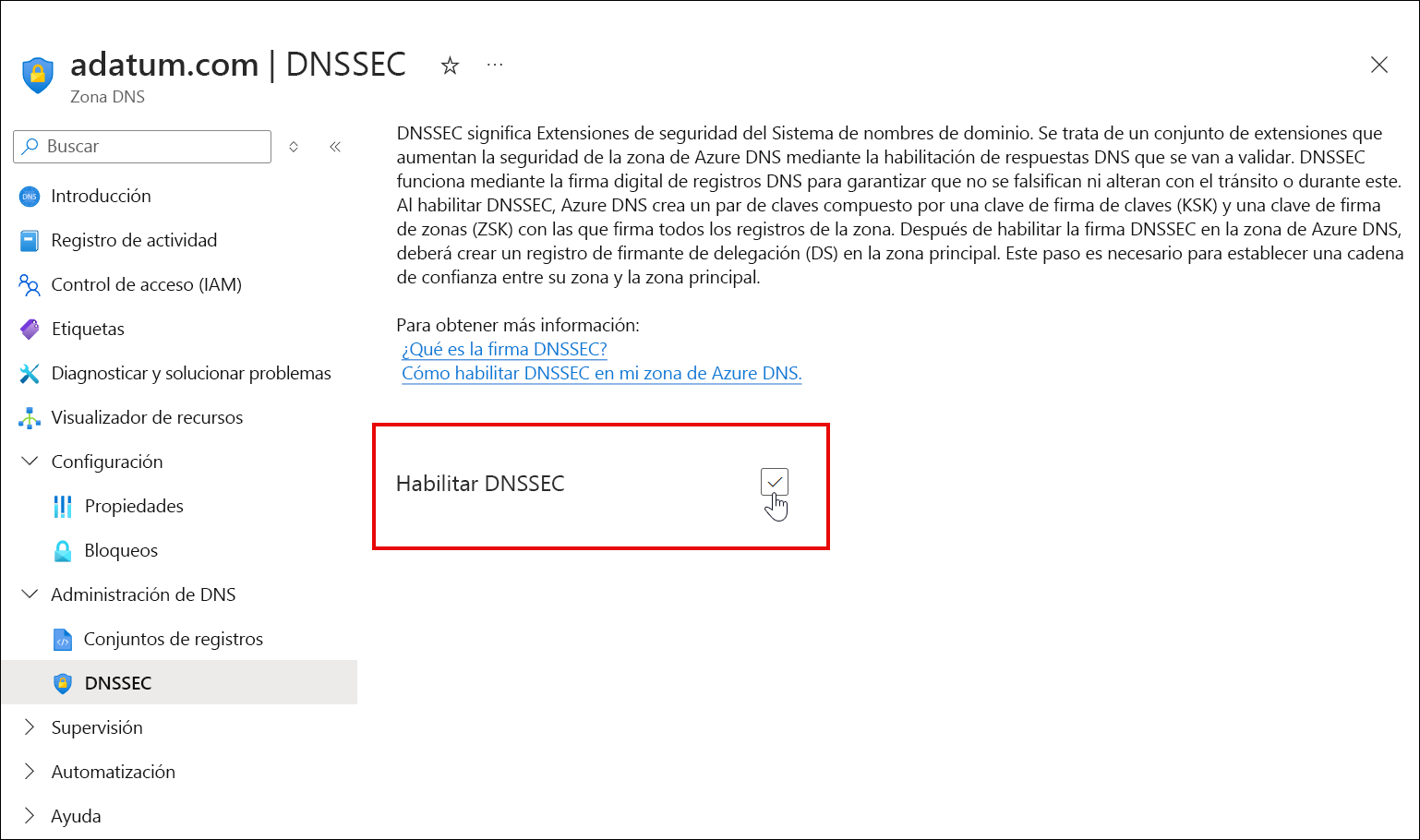 Captura de pantalla de la casilla DNSSEC.