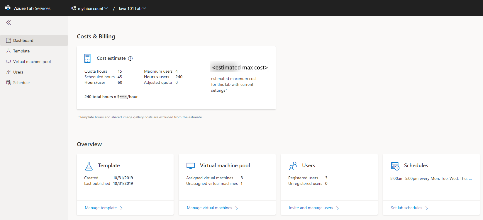 Captura de pantalla en la que se muestra la vista de panel de un laboratorio de Azure Lab Services