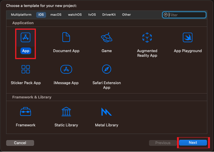 Diagrama que muestra la configuración de Xcode para una nueva aplicación