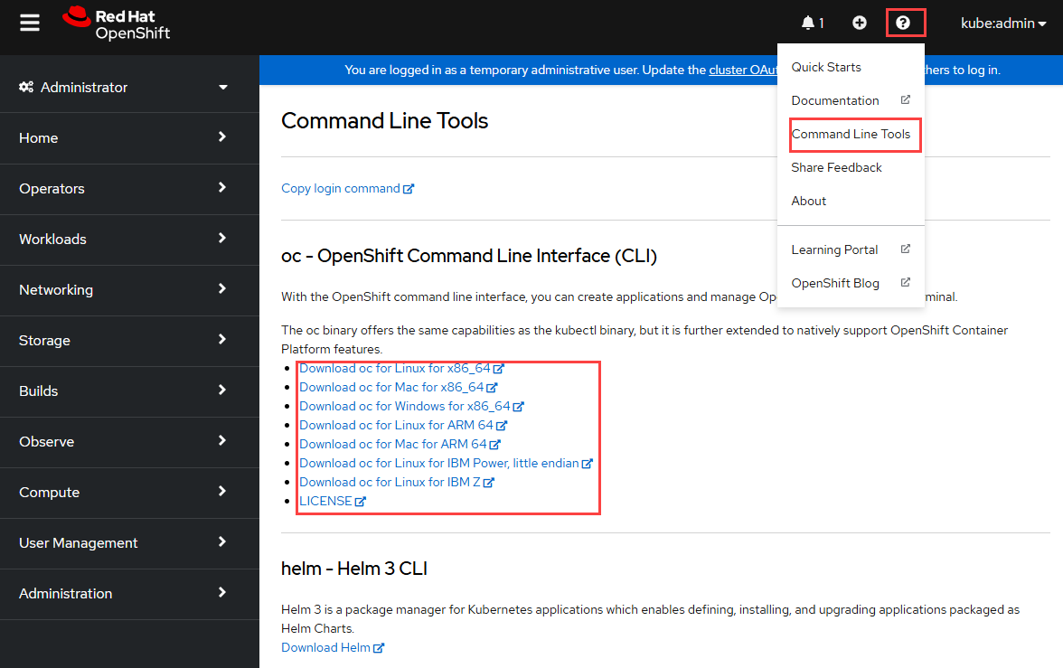 Screenshot that highlights the Command Line Tools option in the list when you select the ? icon.