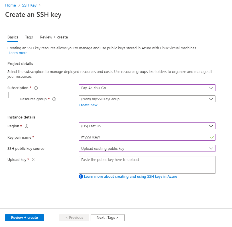 Carga de una clave pública SSH para almacenarla en Azure