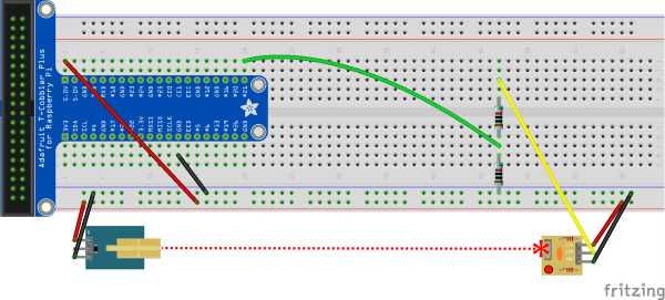 Diagrama que muestra un circuito que obtiene entradas de un módulo sensor receptor de láser