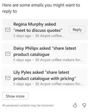 Captura de pantalla d'una llista de correus electrònics sense resposta a la subfinestra de xat de Copilot.