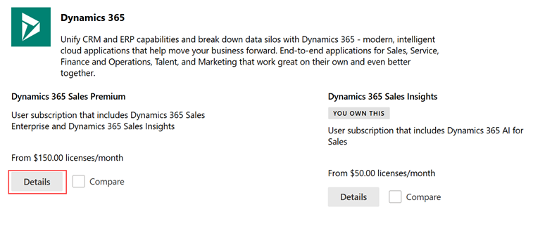 Captura de pantalla de la pàgina de llicències del Dynamics 365 Sales Premium, amb el botó Detalls ressaltat.