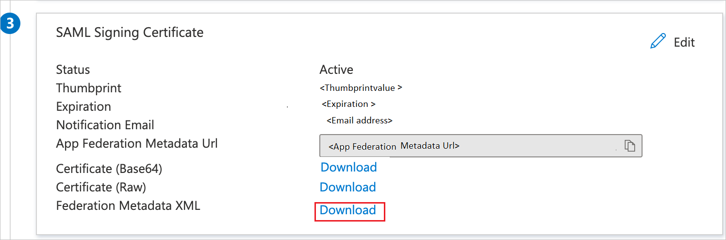 Screenshot of SAML Signing Certificate section, with Download link highlighted