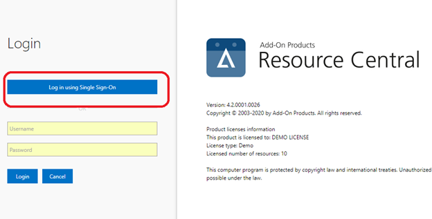 Captura de pantalla de la página web de prueba de inicio de sesión único de Resource Central