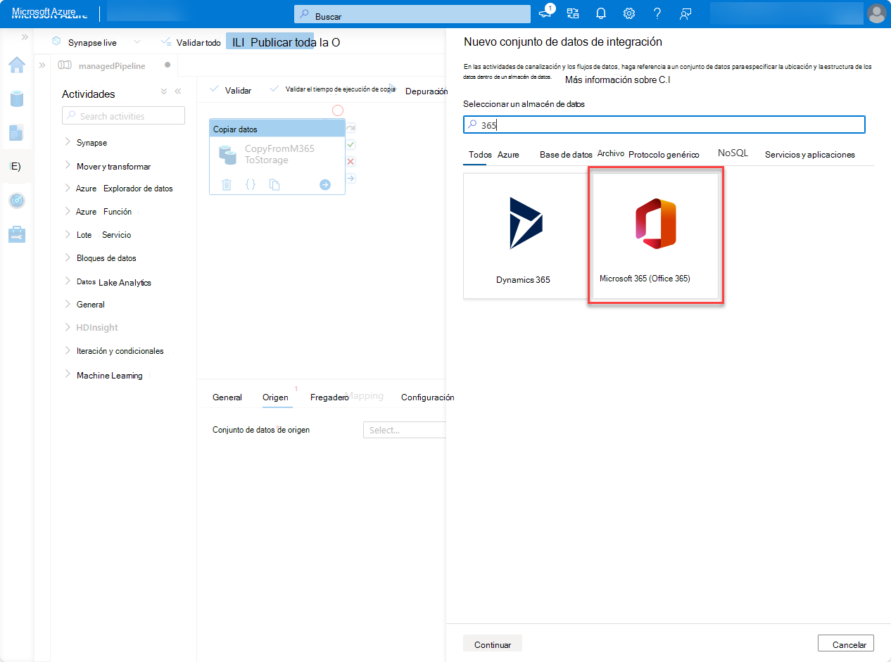 Captura de pantalla de la página del servicio Data Factory de Azure Portal con Microsoft 365 (Office 365) y Continuar resaltados.