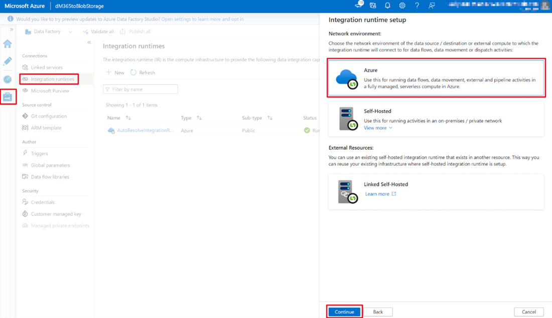 Captura de pantalla de la página del servicio Data Factory de Azure Portal con la opción Azure seleccionada para el entorno de red.