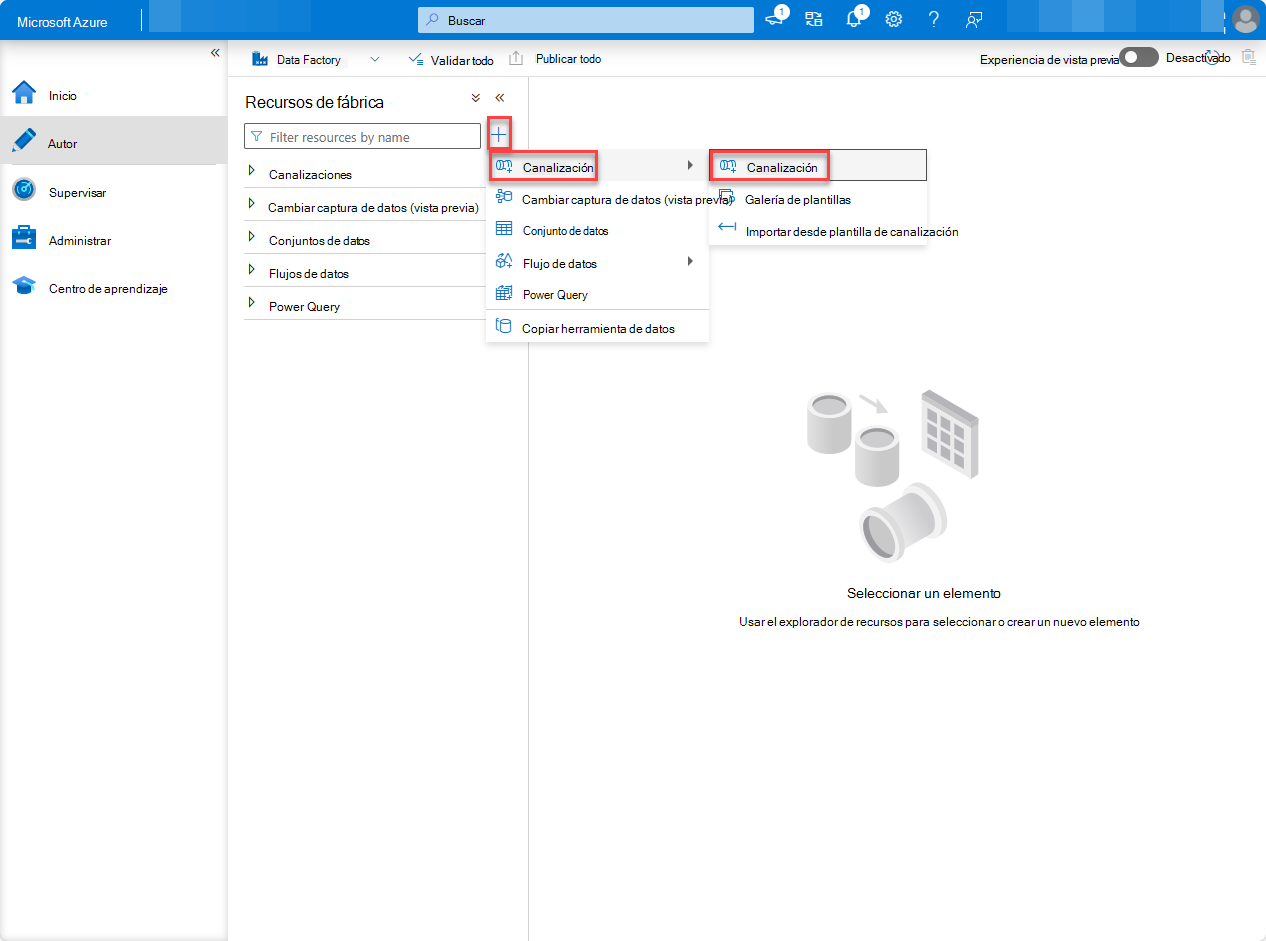 Captura de pantalla de la página del servicio Data Factory de Azure Portal con canalización resaltada.