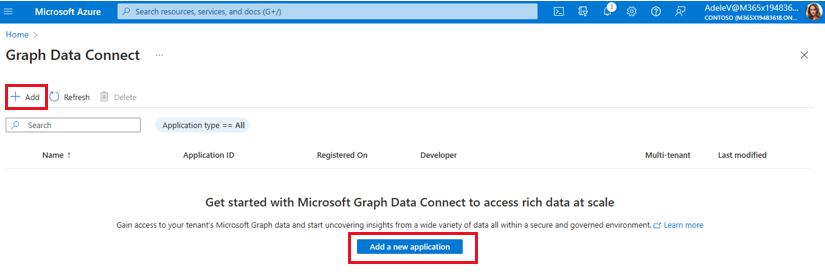 Captura de pantalla que muestra Azure Portal Data Factory para crear una nueva aplicación.