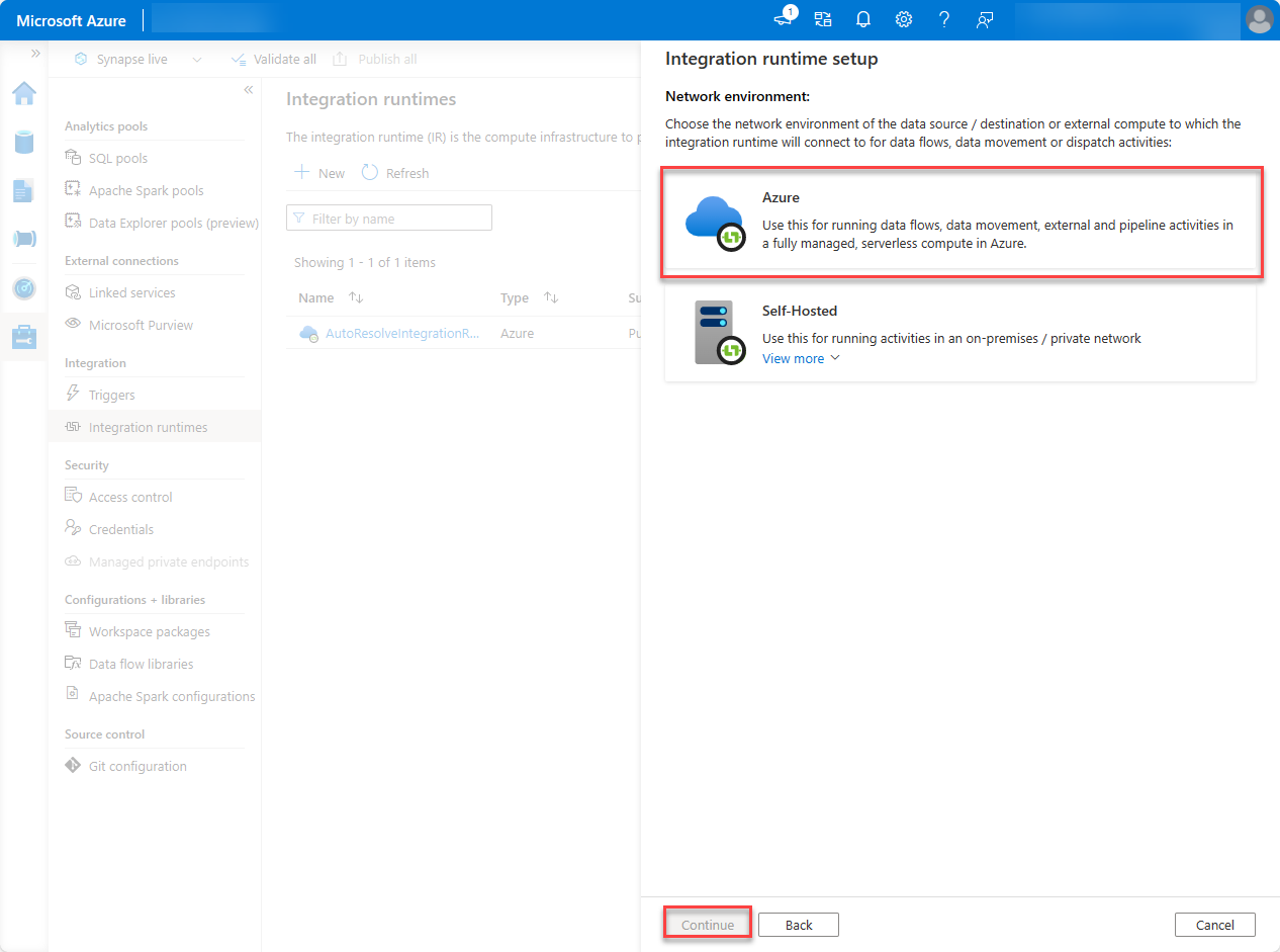 Captura de pantalla de la configuración del entorno de ejecución de integración con Azure seleccionado para el entorno de red y Continuar resaltado.