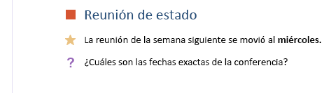 Tres etiquetas de nota que se muestran en una página de OneNote