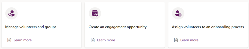 Screenshot showing the three tiles with links to key features within Volunteer Management.