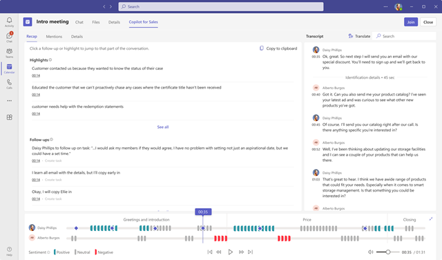 Captura de pantalla que mostra la intel·ligència de la conversa al resum de la reunió del Teams.