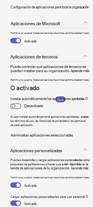 Captura de pantalla que muestra la configuración de aplicaciones para toda la organización en una organización que usa la característica de administración centrada en aplicaciones.