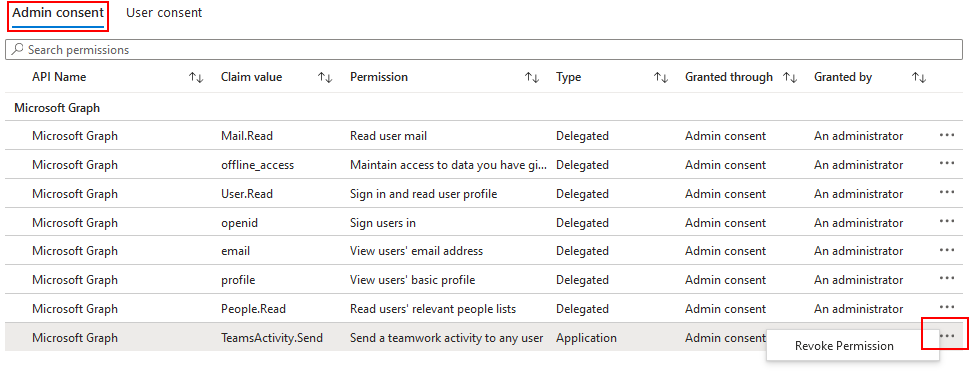 Captura de pantalla que muestra la opción de revocar un permiso de Graph de una aplicación de la Centro de administración Microsoft Entra.