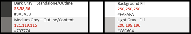 Los cuatro tonos de gris en monolínea: gris oscuro para independiente o esquema, gris medio para contorno o contenido, gris muy claro para el relleno de fondo y gris claro para el relleno.